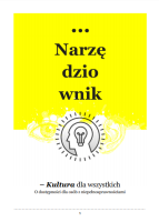 Okładka broszury: tytuł "Narzędziownik", podtytuł "Kultura dla wszystkich. O dostępności dla osób z niepełnosprawnościami". Na biało-żółtym tle rysunki oka, ucha i grafika przedstawiająca zarys głowy i zapaloną żarówkę.